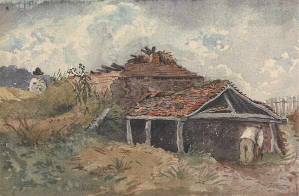 Landscape with two figures beside an old building