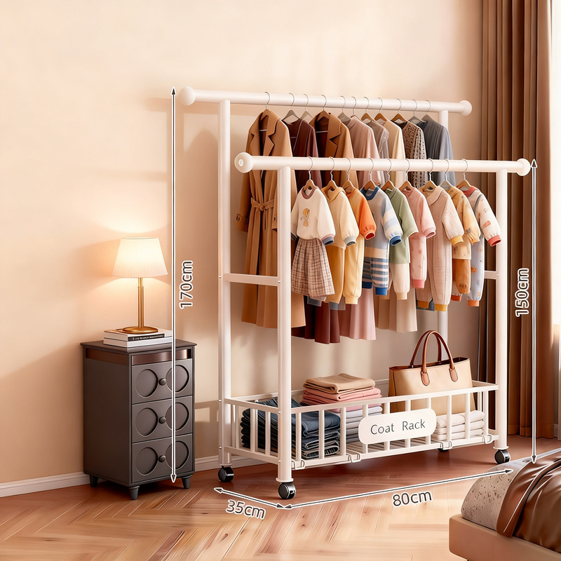 Double-bar drying rack, movable, with net compartment