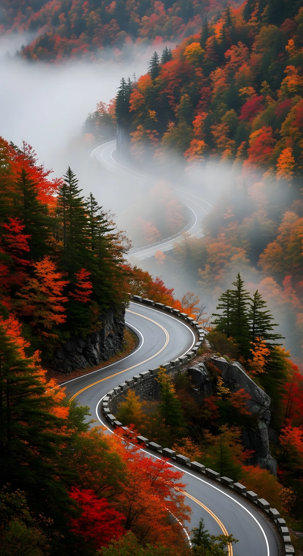 Winding Mountain Road Through Foggy Autumn Forest - Free 4K mobile Wallpaper