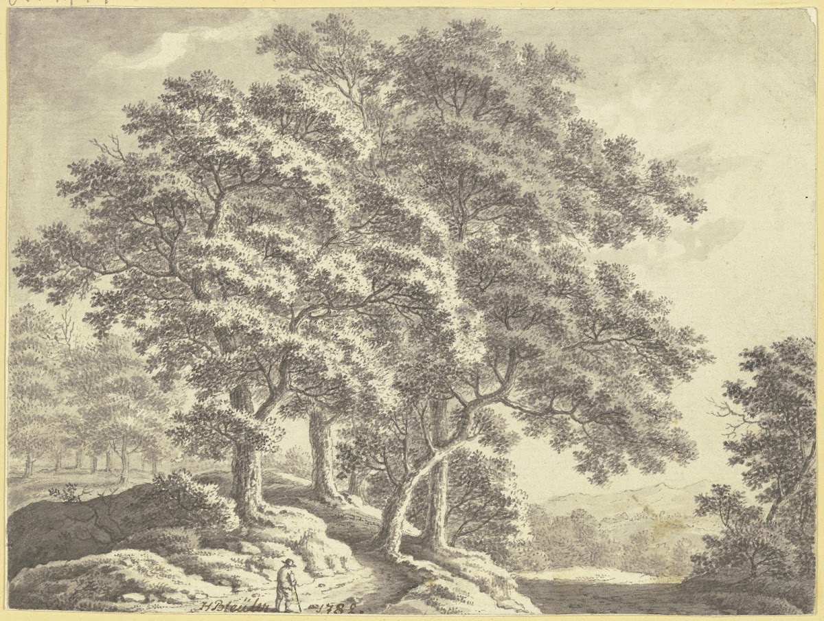 Hügelige Waldlandschaft mit einem Wanderer im Vordergrund 1782