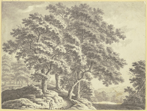 Hügelige Waldlandschaft mit einem Wanderer im Vordergrund 1782