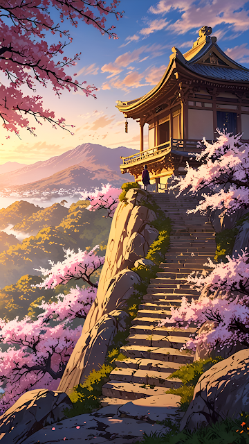Japanese Temple on Cliff Amid Blooming Cherry Blossoms