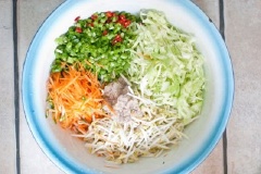 Cà rốt bào vỏ, rửa sạch, xắt sợi. Bắp cải xắt nhỏ, rửa sạch rồi vớt ra để ráo nước. Giá, hành lá rửa sạch, để ráo nước. Hành tím, tỏi lột vỏ, cho vào cối giã nhuyễn cùng đường, muối. Cho tất cả nguyên liệu vào tô, trộn cùng hỗn hợp hành tỏi cho thật đều.