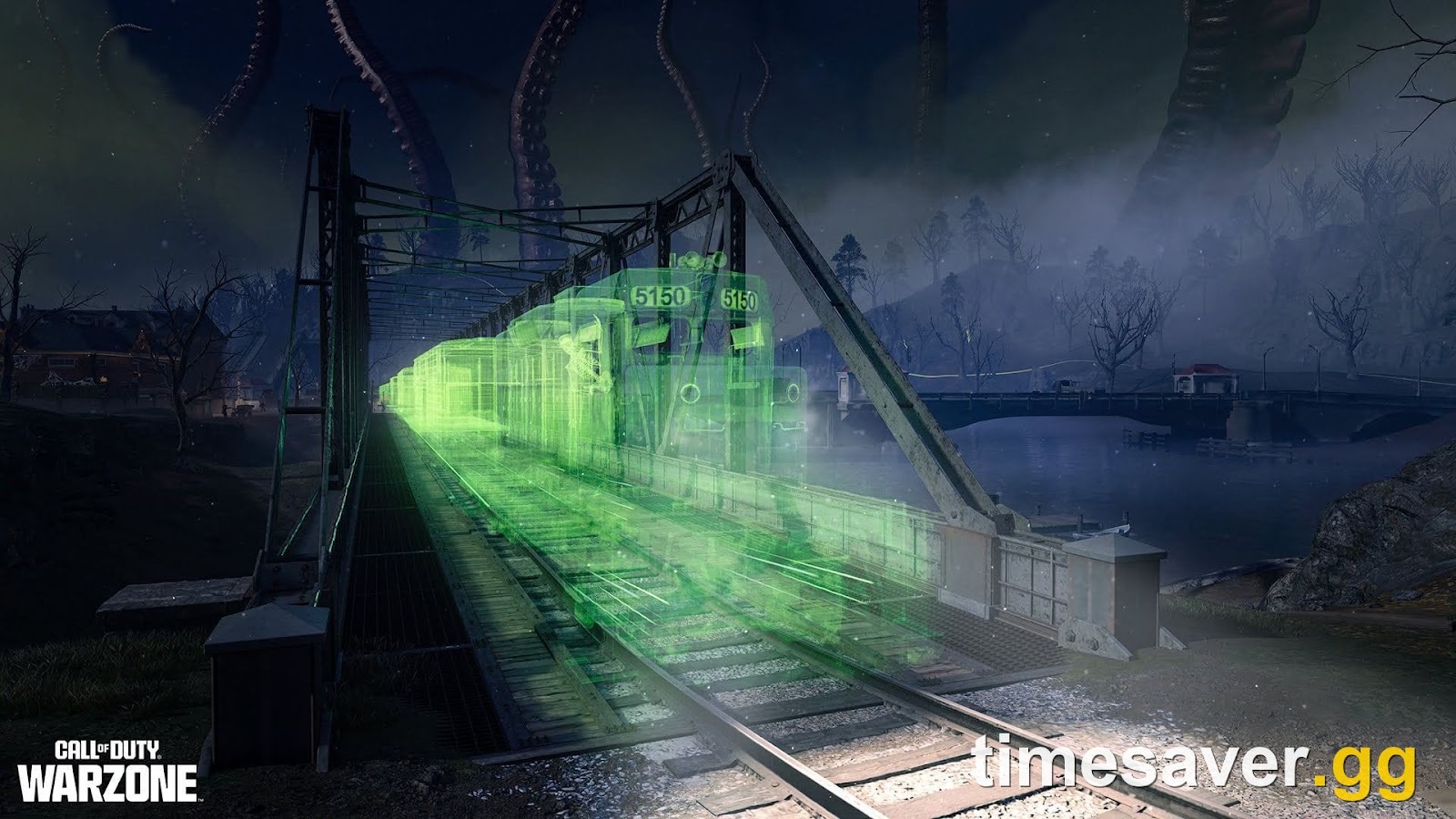 The Haunting Ghost Train crossing Haunted Hollow, the Season 6 Warzone Resurgence map