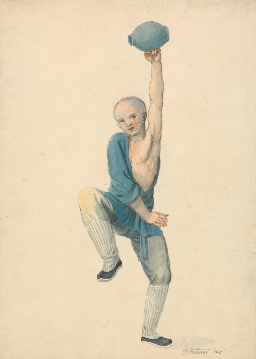 Chinese Youth balancing a jar held aloft