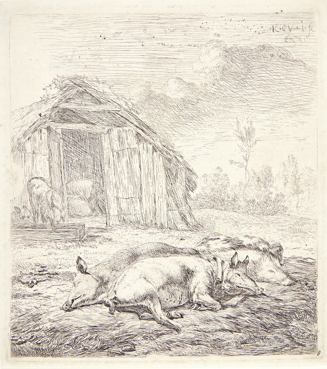 Tre grise liggende ved en svinesti 1652