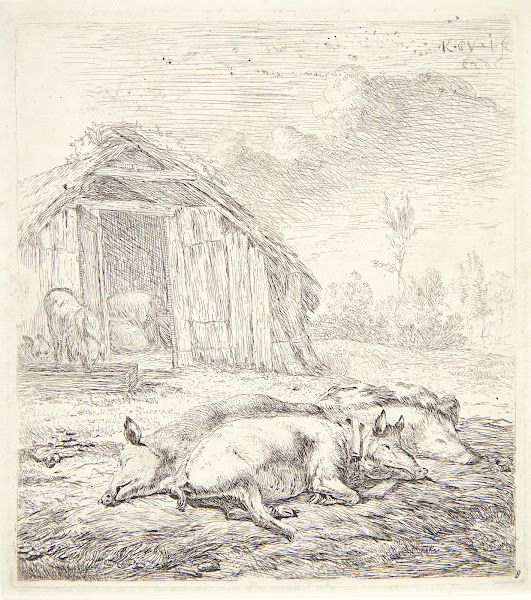 Tre grise liggende ved en svinesti 1652