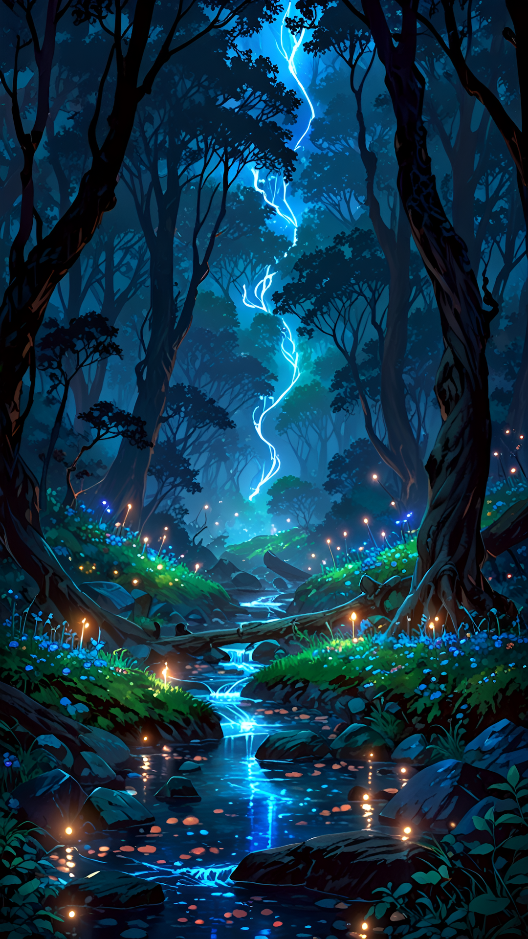 Enchanted Forest Stream Glowing Magic Lightning - Free 4K mobile Wallpaper