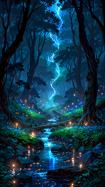 Enchanted Forest Stream Glowing Magic Lightning - Free mobile Wallpaper