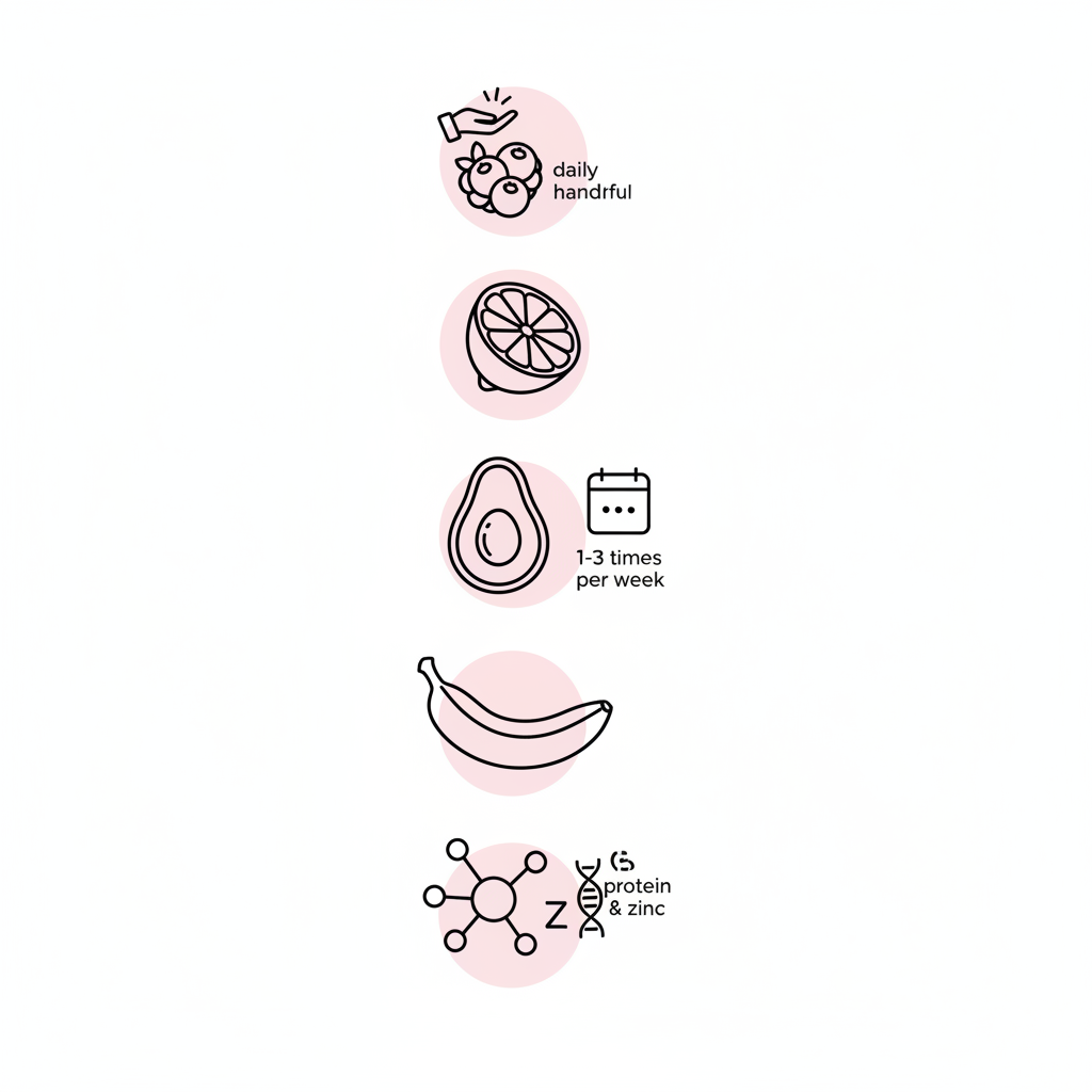 Minimalistische Vektor-Infografik mit vertikaler Reihe von Icons (Beere, Zitrone, Avocado, Banane, Protein) als Tipps für Obst gegen brüchige Nägel, weißer Hintergrund.