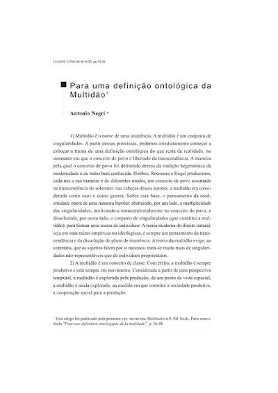 NEGRI, Antonio. Para uma definição Ontológica de Multidão
