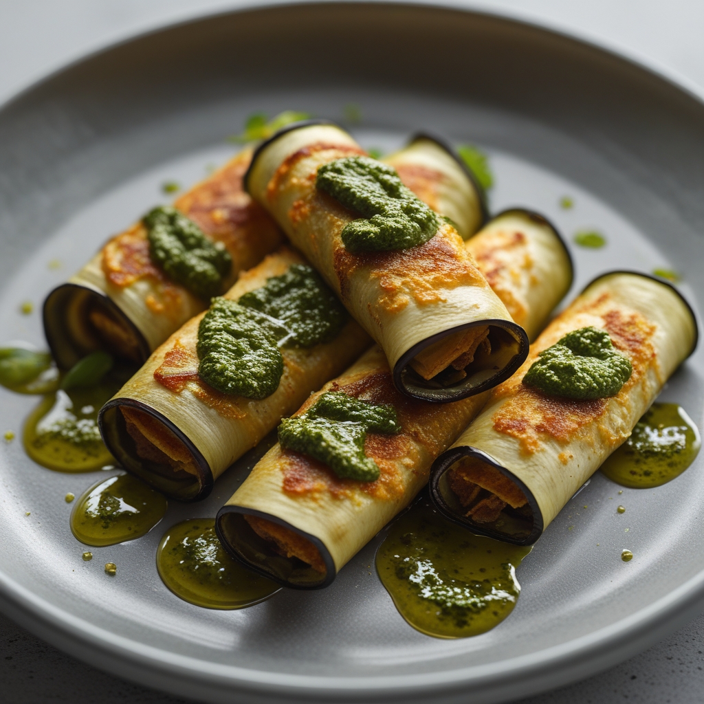 Sun-Dried Tomato Pesto Eggplant Roll-Ups with Whipped Feta