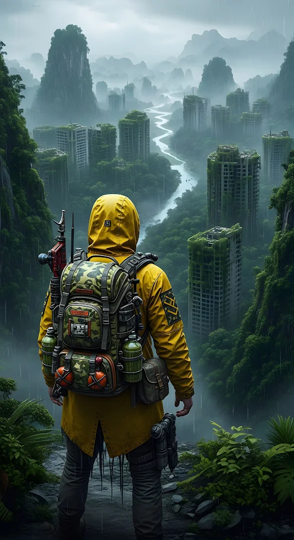 Survivor Overlooking Overgrown City Ruins in the Rain