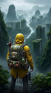 Survivor Overlooking Overgrown City Ruins in the Rain