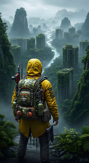 Survivor Overlooking Overgrown City Ruins in the Rain - Free mobile Wallpaper