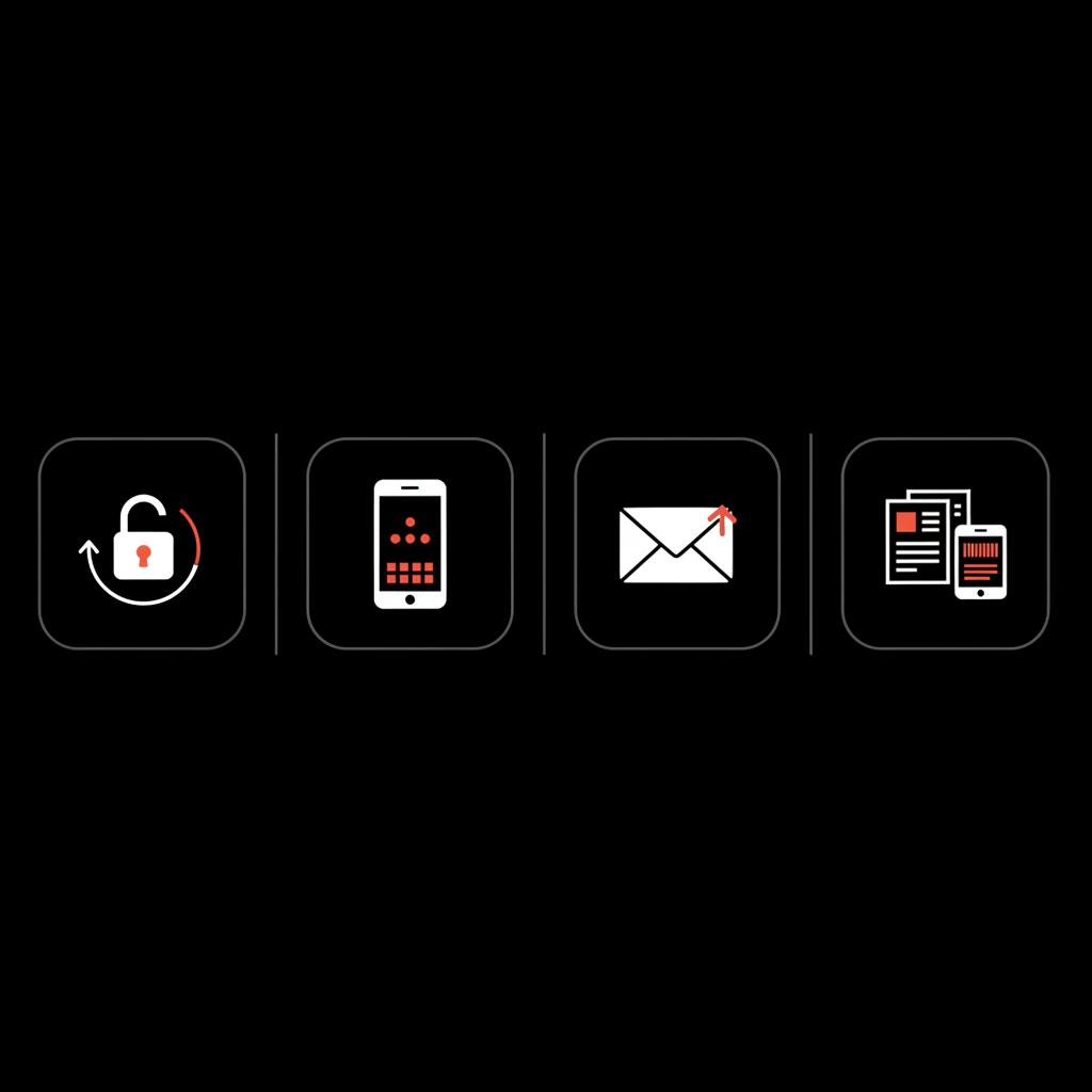Minimal 2D vector infographic: password reset, authenticator app, recovery email, and document evidence icons on black background to find microsoft account name