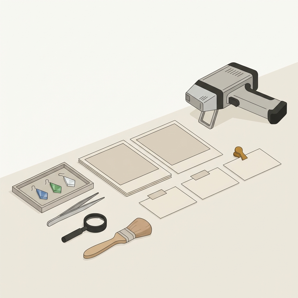 Minimalist vector scene of a conservator bench with a portable XRF device and framed photos and blank notes documenting ancient roman glass earrings