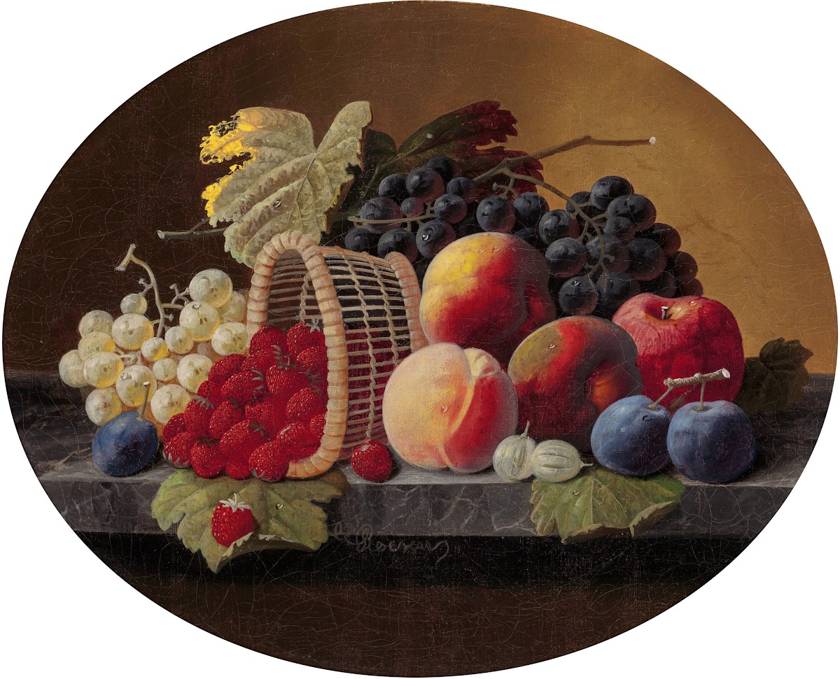 Still Life with Peaches Grapes and Basket of Strawberries