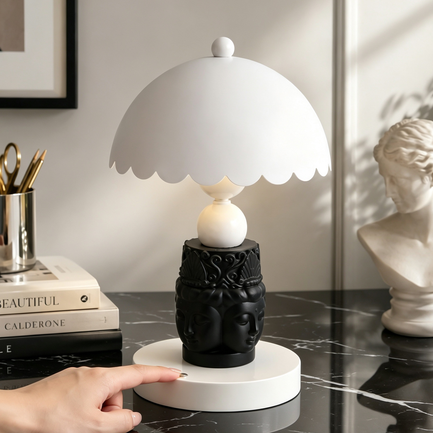 Faceted Buddha Table Lamp, Black and White