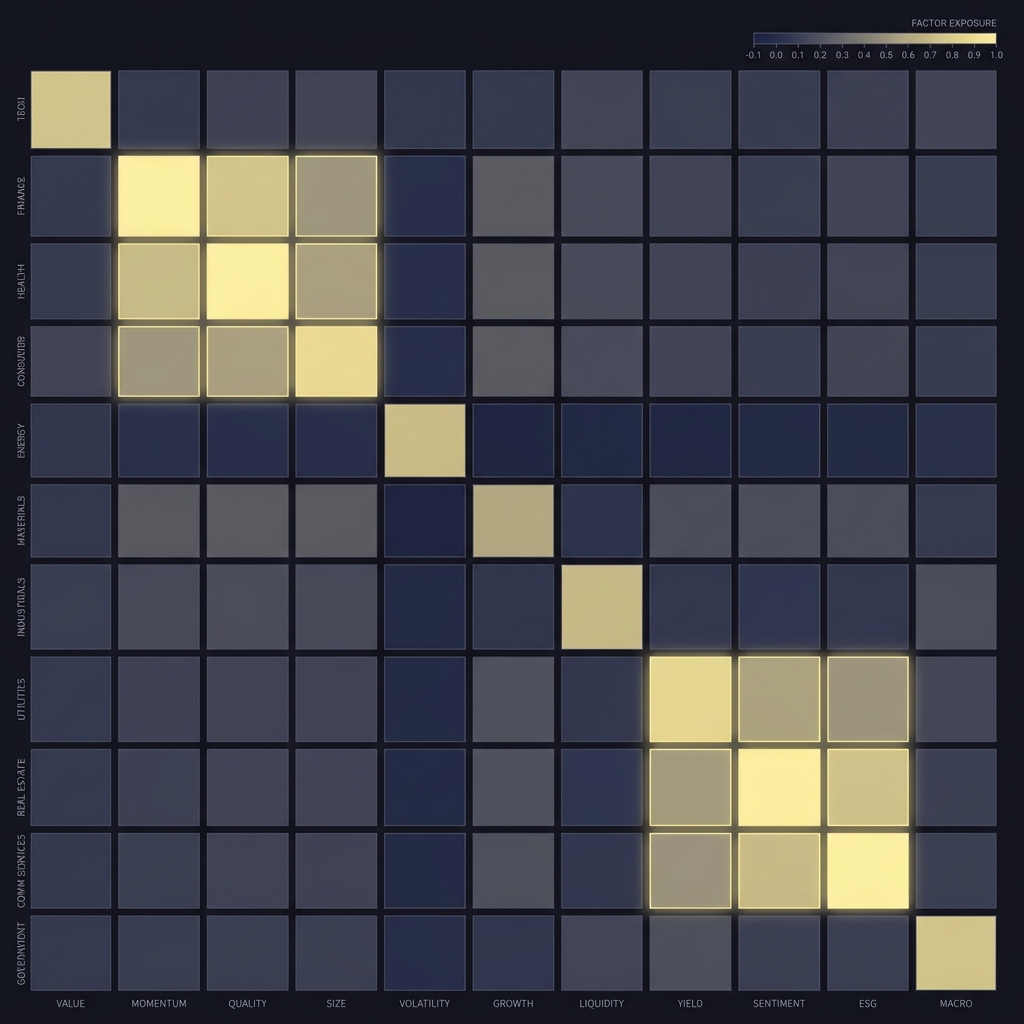 Heatmap exposure chart of factor loadings across sectors with highlighted high correlation blocks showing How Correlated Trades Can Increase Hidden Risk