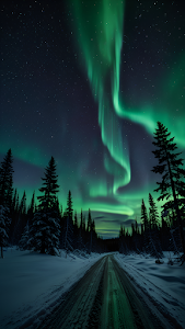 Vibrant Aurora Borealis Over Snowy Forest Road at Night