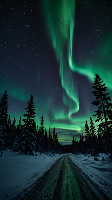 Vibrant Aurora Borealis Over Snowy Forest Road at Night - Free mobile Wallpaper