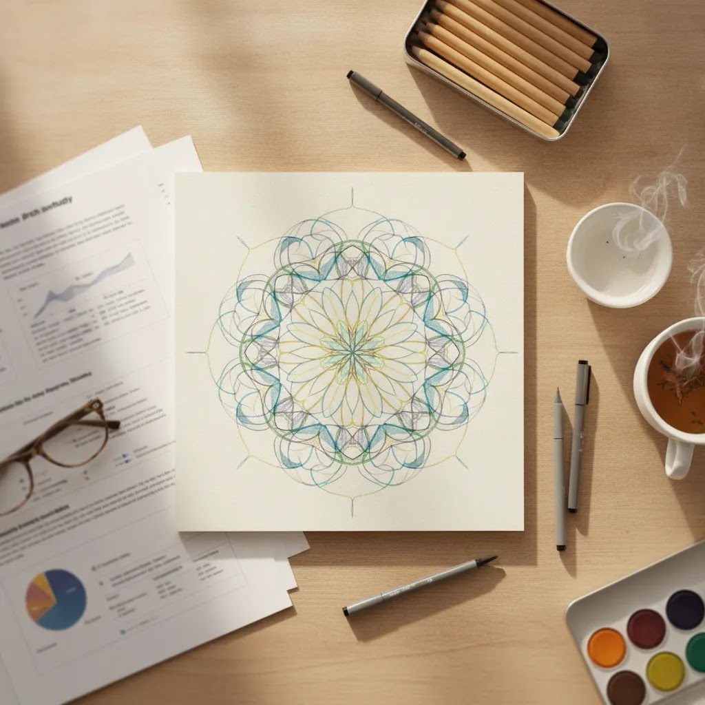 Abstract drawing and generic research materials in a calm editorial layout