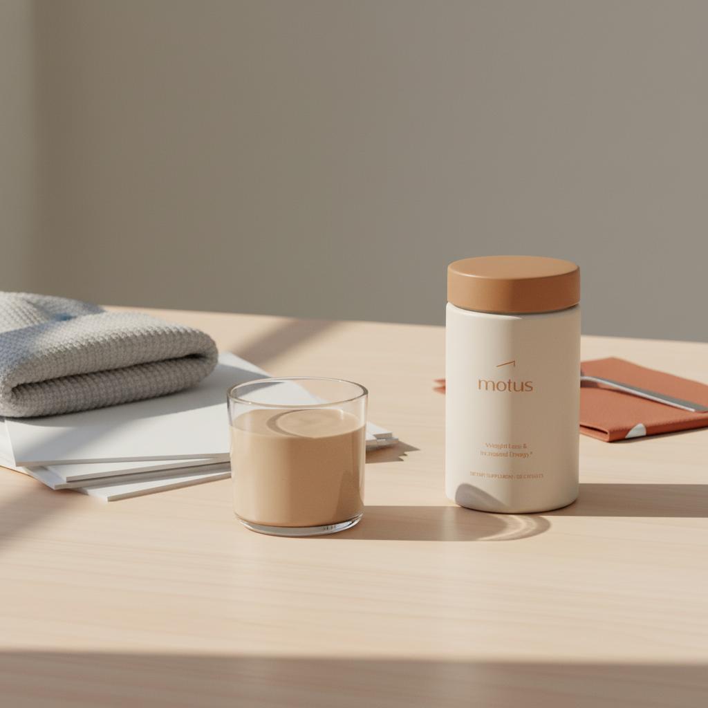 Minimalist still-life of Tonum Motus bottle on a pale wooden table with medical test results, a protein smoothie glass, and a light gray beanie — illustrating rapid unexplained weight loss causes