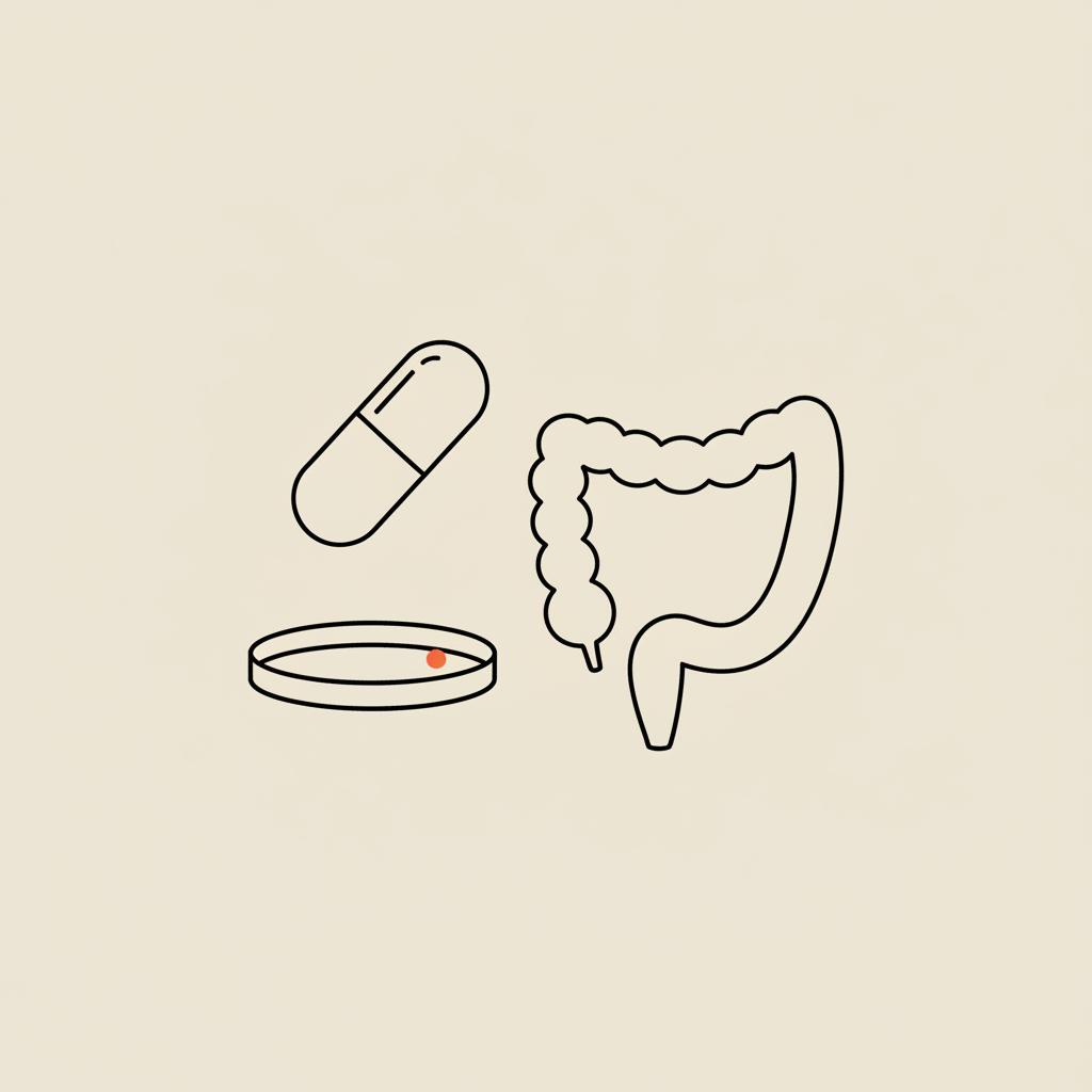 Minimalist Tonum-style line illustration of a capsule, stylized gut outline, and petri dish on beige background representing probiotic risks.