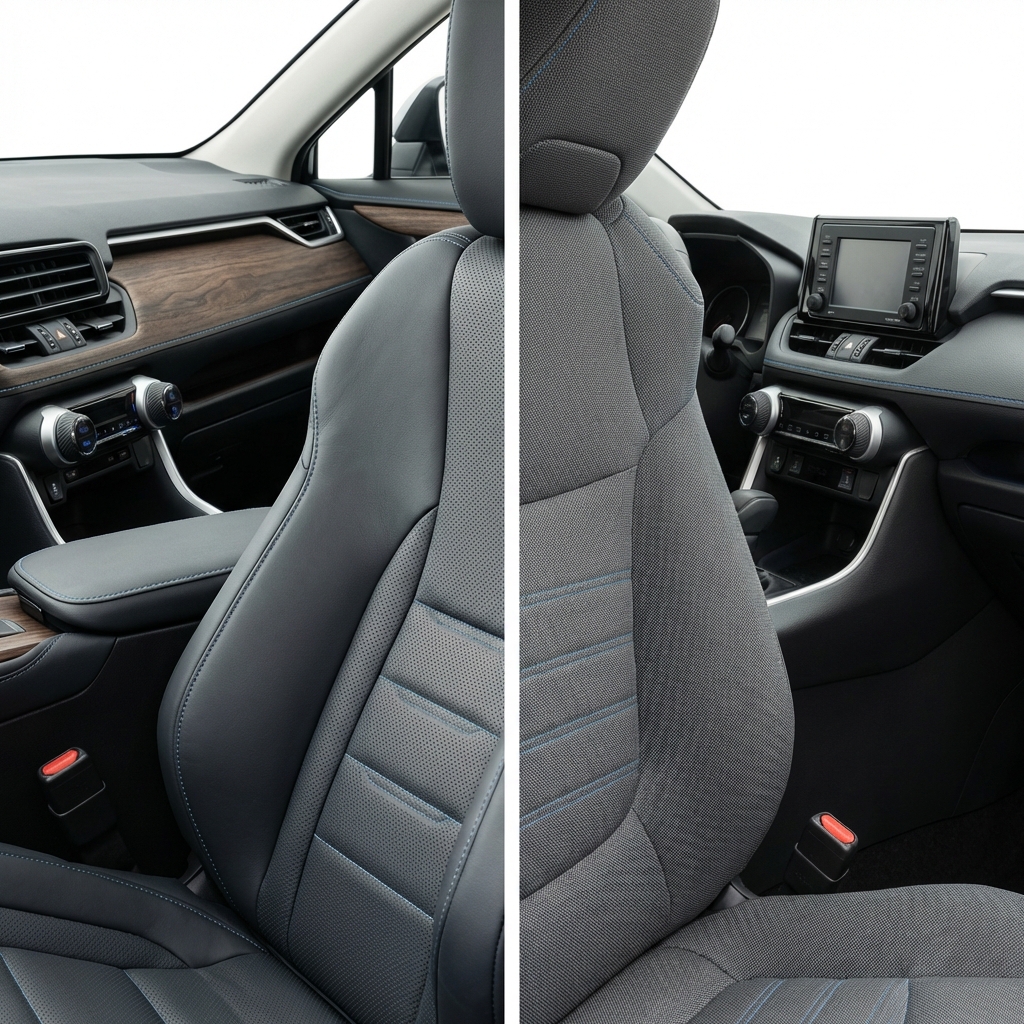 Close up interior comparison showing Lexus NX upholstery and dashboard details versus Toyota RAV4 materials with textures and controls lexus suv for sale