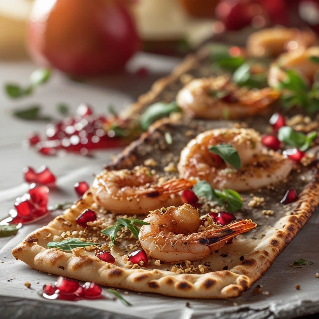 Final Crispy Za'atar Shrimp & Whipped Pistachio Feta Protein Flatbreads with Pomegranate Molasses