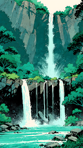 Graphic Illustration of Tropical Jungle Waterfall Cascade