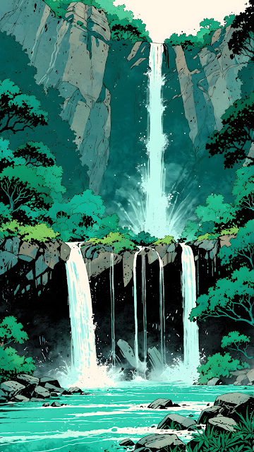 Graphic Illustration of Tropical Jungle Waterfall Cascade - Free mobile Wallpaper