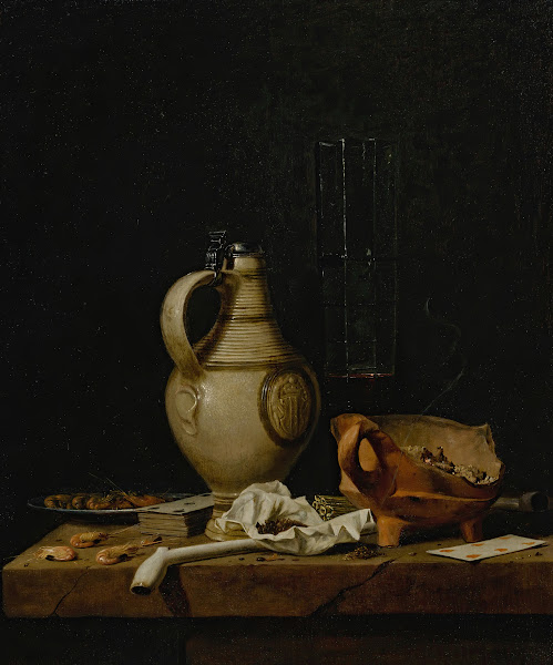 A Still Life With A Stoneware Jug A Glass Of Beer Playing Cards And Smokers Requ