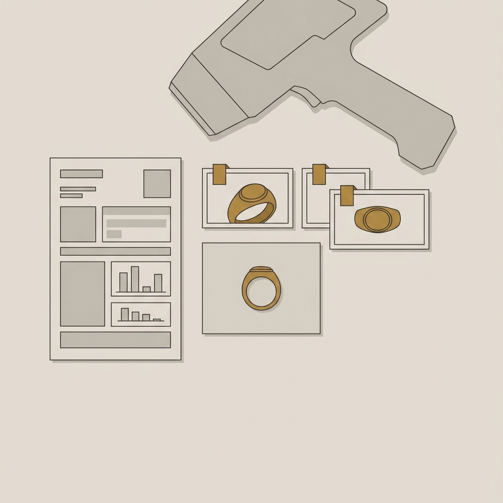 Minimalist document flatlay showing a roman ring 916 with provenance materials including a portable XRF instrument silhouette a printed XRF report and labeled photos marked with accent tabs