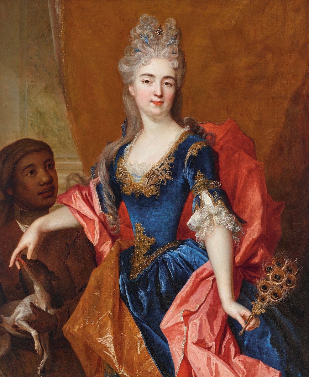 Portrait of a lady holding a peacock feather fan with her servant holding a dog