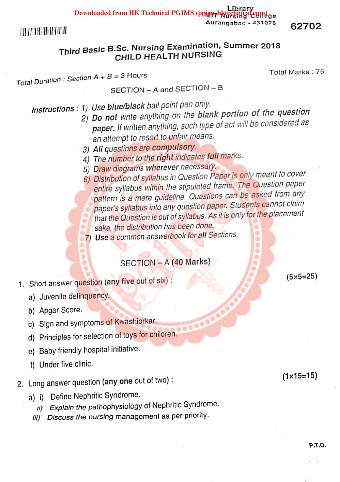 Child Health Nursing Summer SPBC 3rd Year BSc Nursing Previous Year's Question Paper,,Previous Year's Question Papers,BSc Nursing,BSc Nursing 3rd Year,Sharada kadu - S.P.B.C.COP,Shri pandit baburao chaughule college of pharmacy,