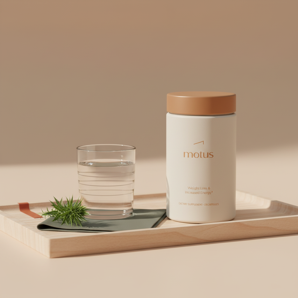 Minimalist morning countertop with a Motus supplement jar on a light wooden tray beside a glass of water and a milk thistle sprig, calm evidence-based weight loss lifestyle photo for fat burners.