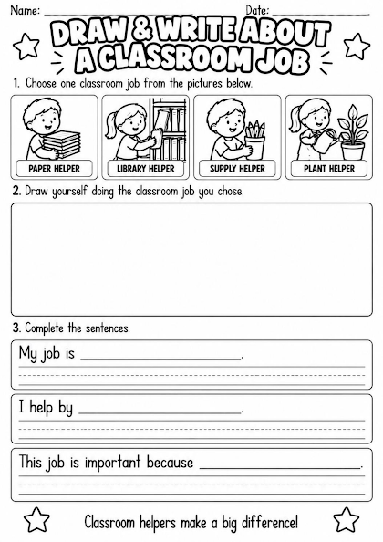 Classroom Jobs Draw and Write Worksheet