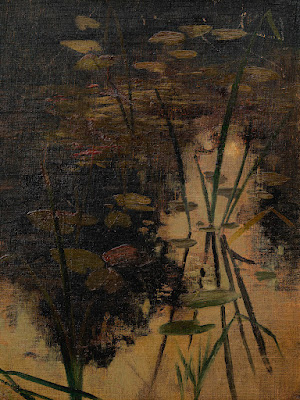 Wasserspiegel eines Teiches mit Pflanzen ca 18801900