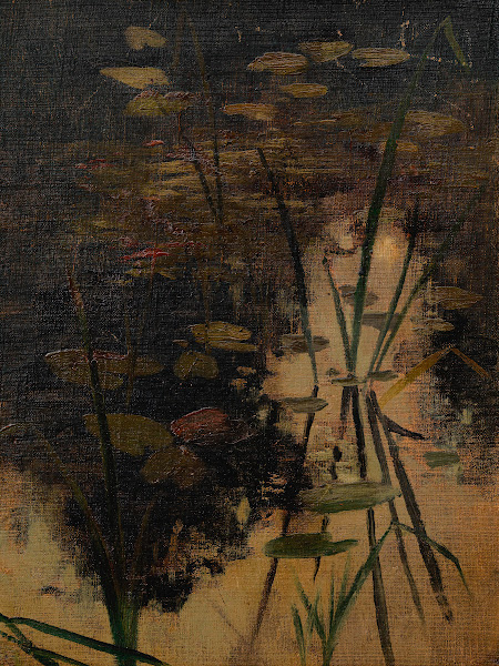 Wasserspiegel eines Teiches mit Pflanzen ca 18801900