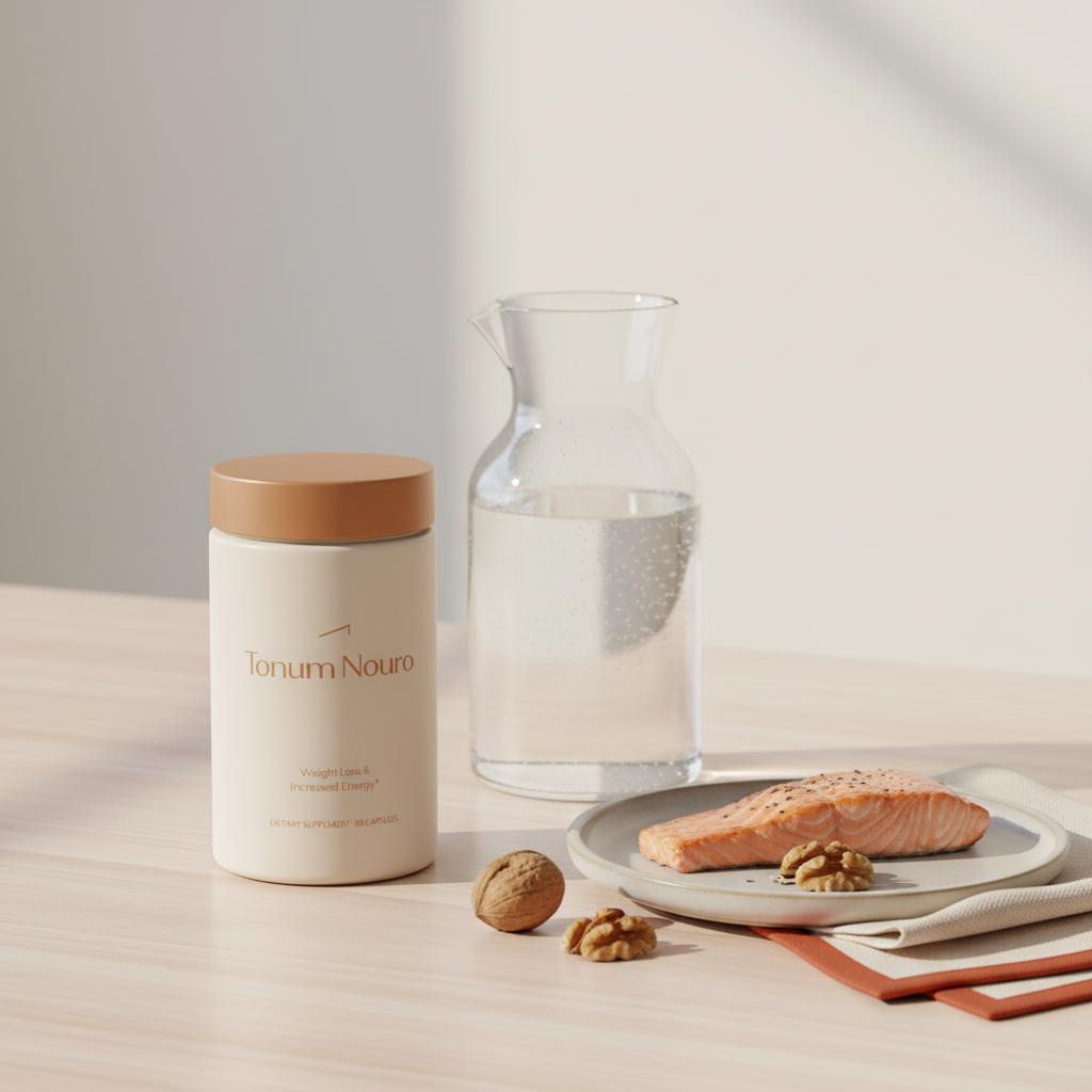 Close-up of Nouro bottle on a light wooden surface with a glass carafe, salmon fillet and walnuts in a minimalist clinical lifestyle scene featuring memory supplements.