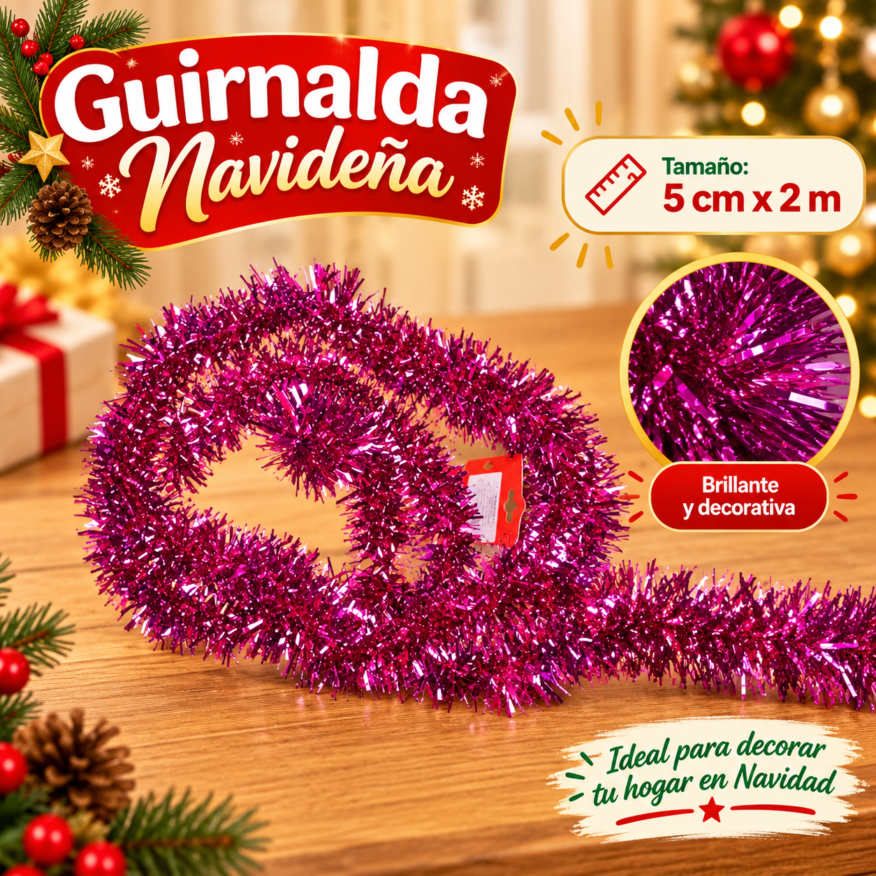 Guirnalda navideña de tinsel fucsia 5 cm x 2 m