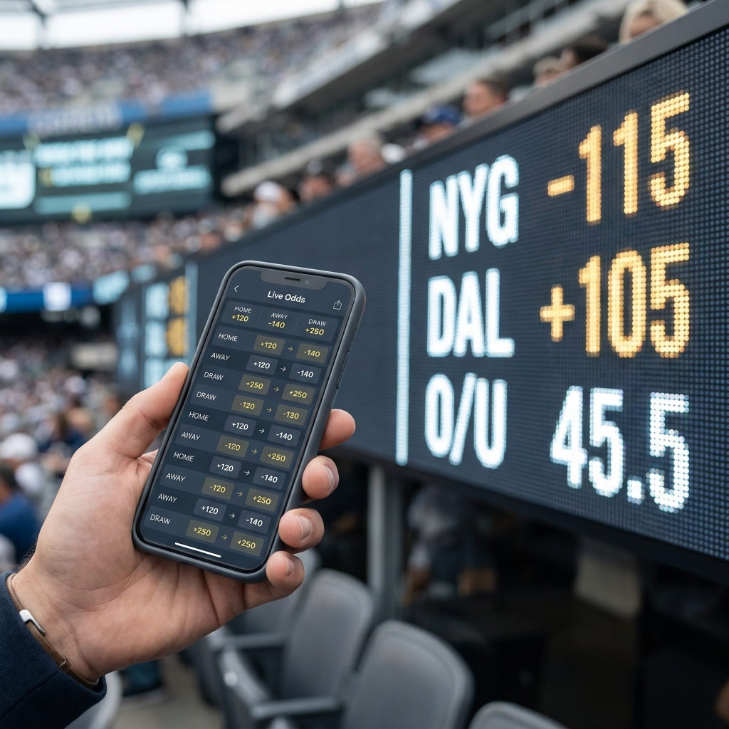 Close up of a scoreboard and smartphone showing moneyline odds and a live odds consensus feed with focus on bengals odds in a minimalist Funded Plays style
