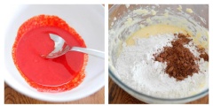 Làm Red Velvet Cupcake: 15ml butter milk, 1/4 muỗng nước cốt chanh và khuấy thật đều 5 phút. Sau đó cho 1/2 muỗng cà phê màu thực phẩm đỏ vào trộn đều. Cho 130g bơ lạt, 120g đường vào âu đánh đến khi mịn mượt. Tiếp đó cho trứng, hỗn hợp sữa vừa làm vào trộn đều lên. Thêm 115g bột mì, 6g bột nở, 8g bột cacao vào trộn đều. Men nở trộn cùng giấm rồi cho vào bột trộn đều. Chuẩn bị khuôn cupcake, cho bột vào 2/3 khuôn, đặt vào lò nướng từ 20 - 22 phút ở 170 độ C.