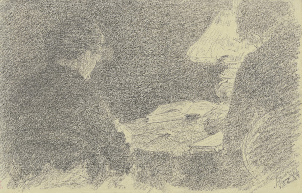 Mary und Emma Eysen unter einer Tischlampe 1884