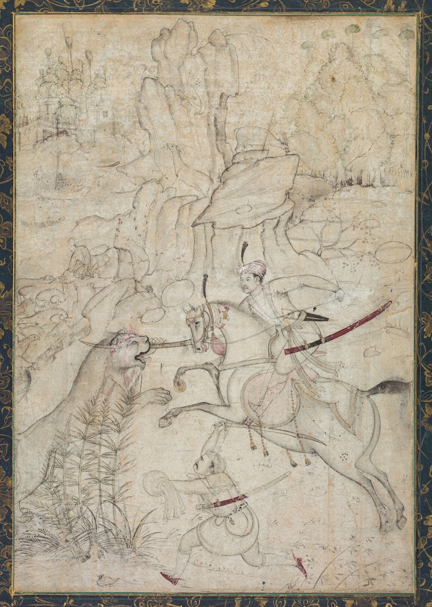 A Mounted Prince Hunting Lion In A Rocky Landscape C 1600