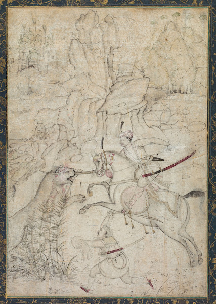 A Mounted Prince Hunting Lion In A Rocky Landscape C 1600