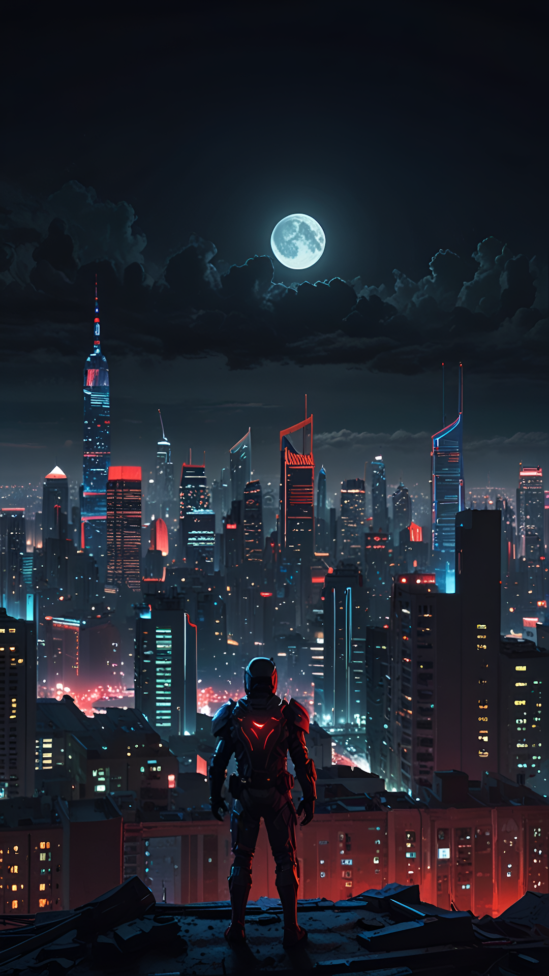 Cyberpunk Vigilante Over Neon Cityscape Under Full Moon - Free 4K mobile Wallpaper