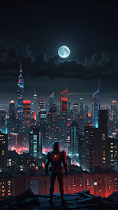 Cyberpunk Vigilante Over Neon Cityscape Under Full Moon